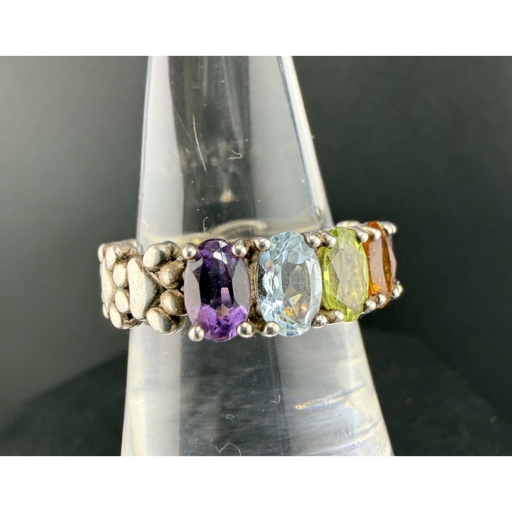 John Hardy Multi-Gemstone Silver Ring with Purple, Blue, Green and Orange Stones